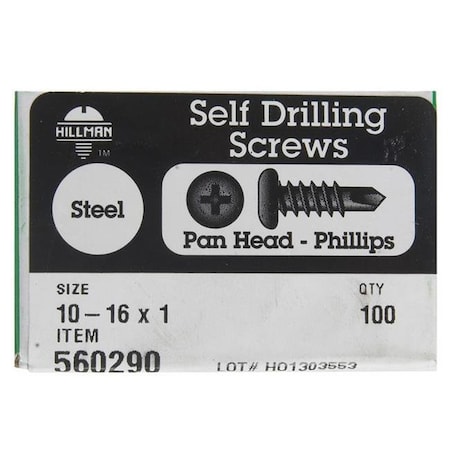 Hillman Self-Drilling Screw, #10-16 x 1 in, Zinc Plated Steel Pan Head Phillips Drive 5034152
